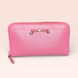 Prada Pink Saffiano Leather Bow Zip Around Continental Wallet